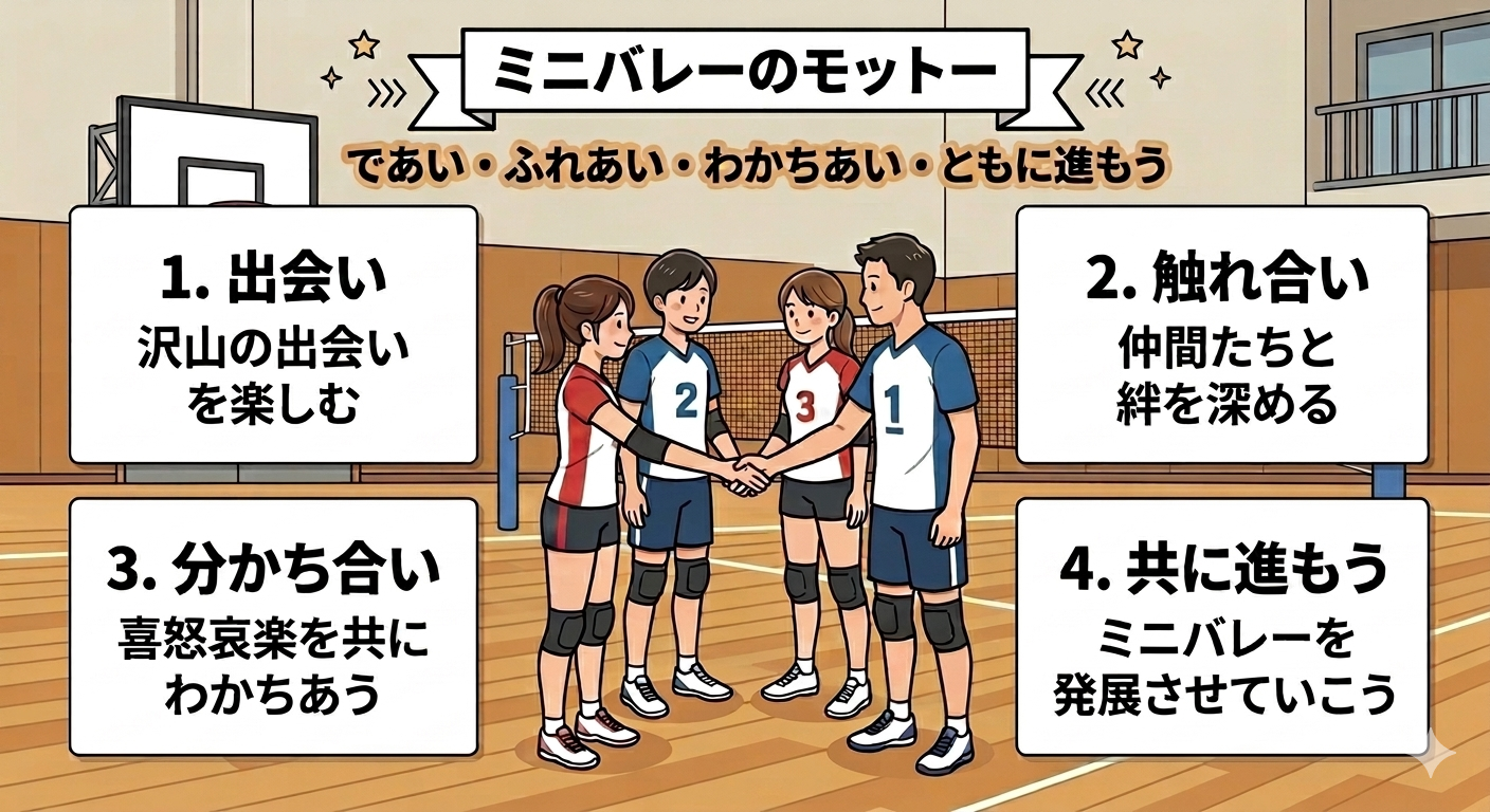 ミニバレーのモットー：であい・ふれあい・わかちあい・ともに進もう